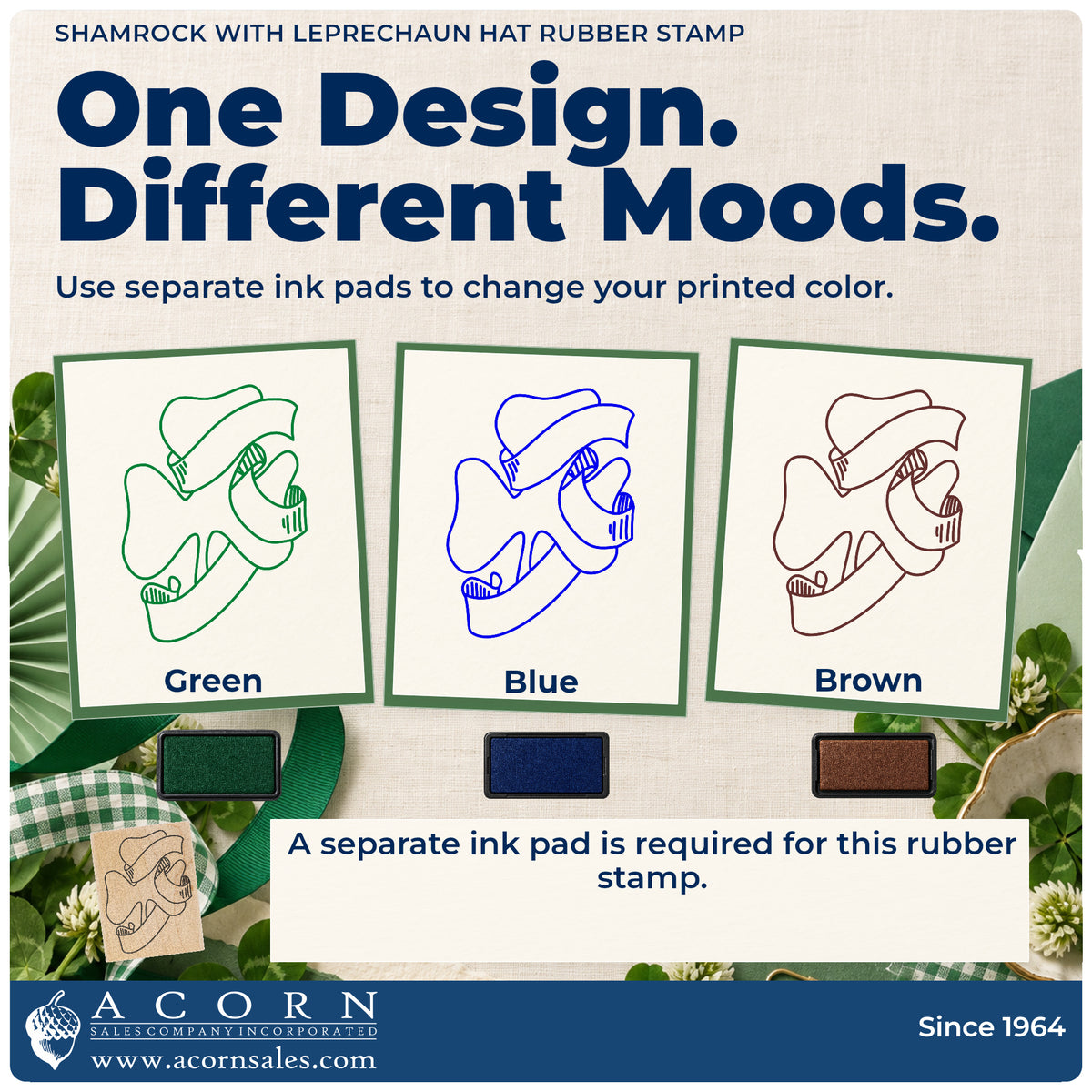 Shamrock with Leprechaun Hat Rubber Stamp ink-color infographic comparing three single-color impressions and a separate ink pad.