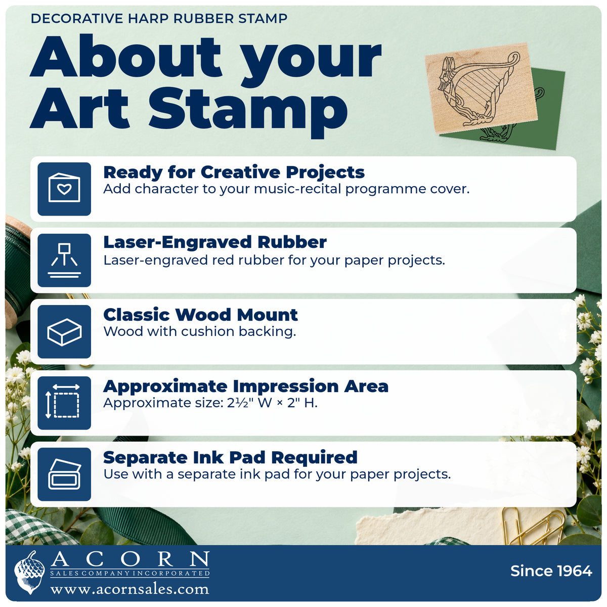 Decorative Harp Rubber Stamp feature guide covering the wood mount, rubber construction, approximate size and separate ink pad.