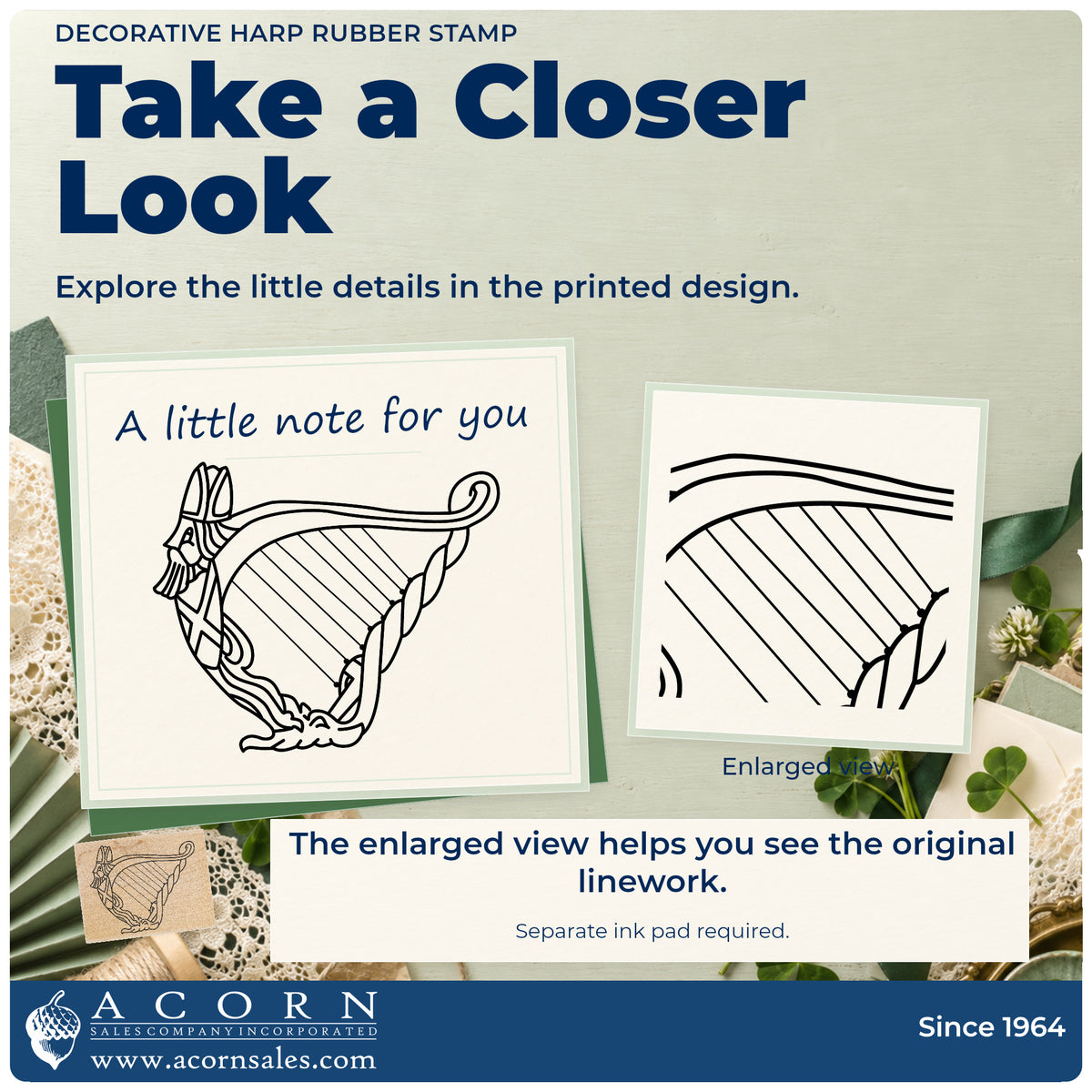 Decorative Harp Rubber Stamp detail infographic with an enlarged view of the printed design.