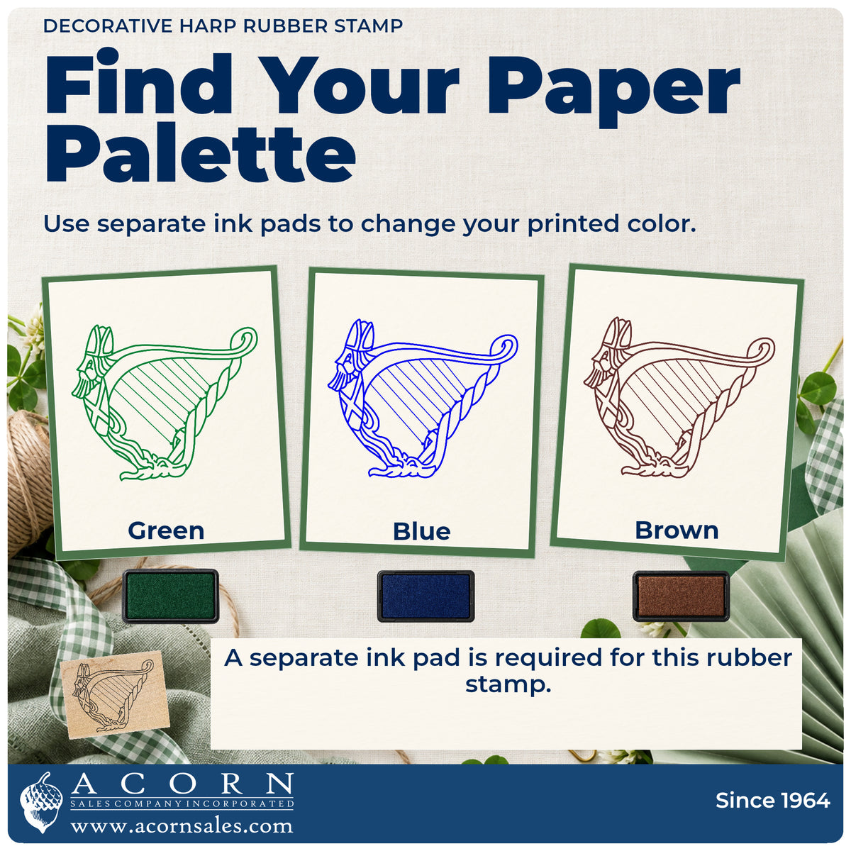 Decorative Harp Rubber Stamp ink-color infographic comparing three single-color impressions and a separate ink pad.