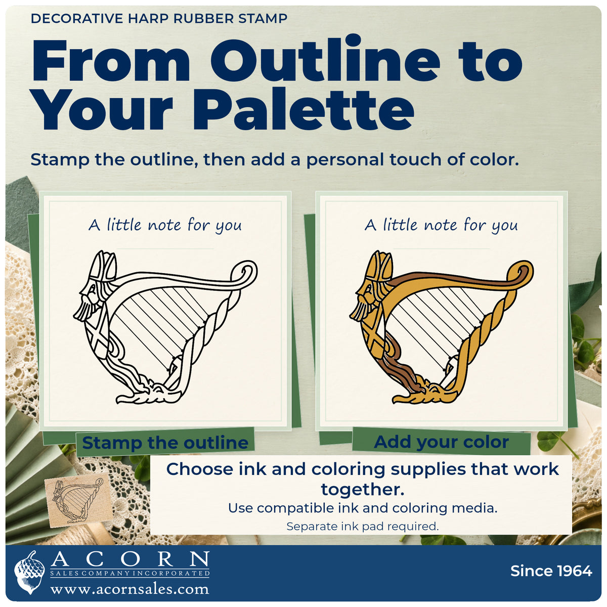 Decorative Harp Rubber Stamp stamp-and-color guide comparing an outline impression with a colored example.