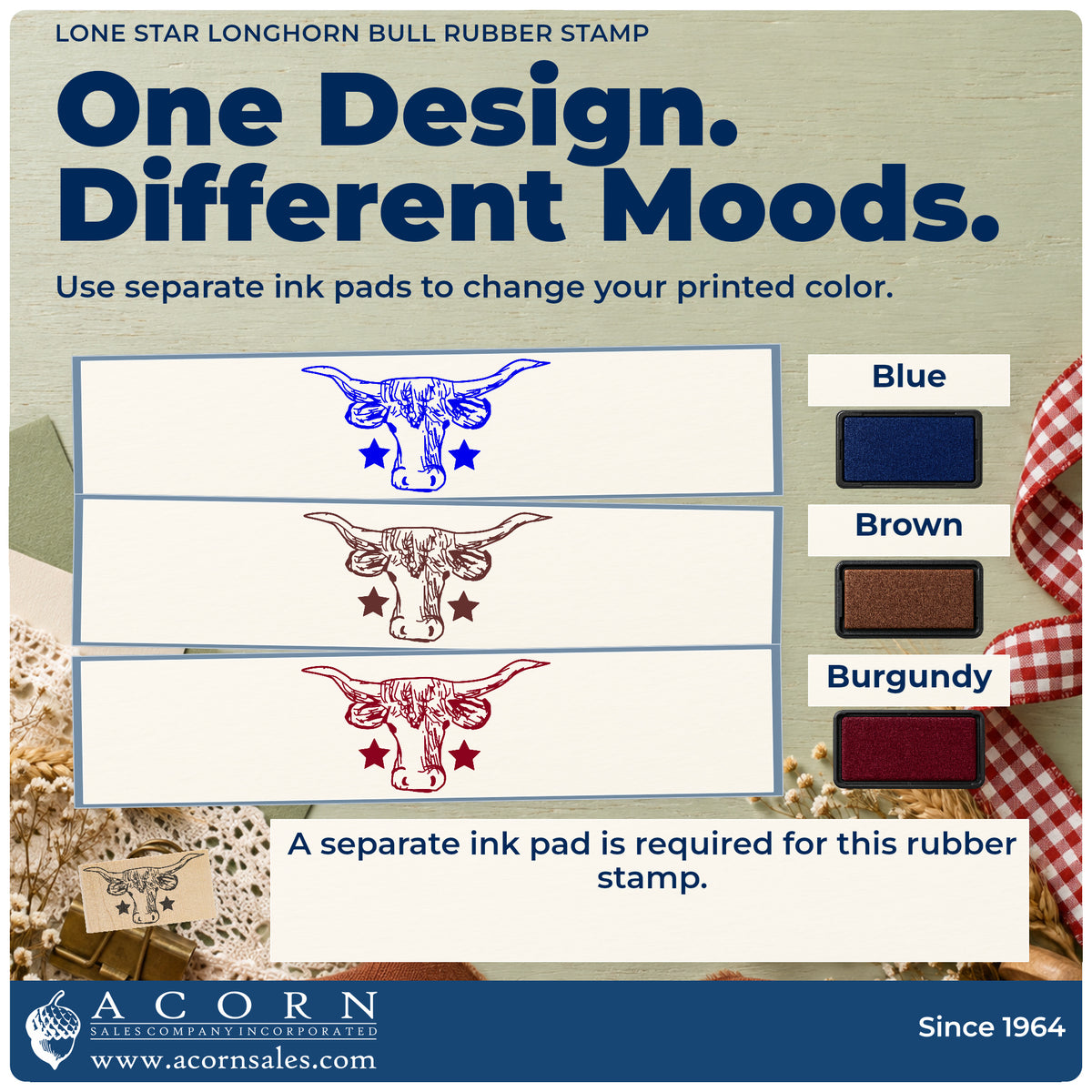 Lone Star Longhorn Bull Rubber Stamp ink-color infographic comparing three single-color impressions and a separate ink pad.