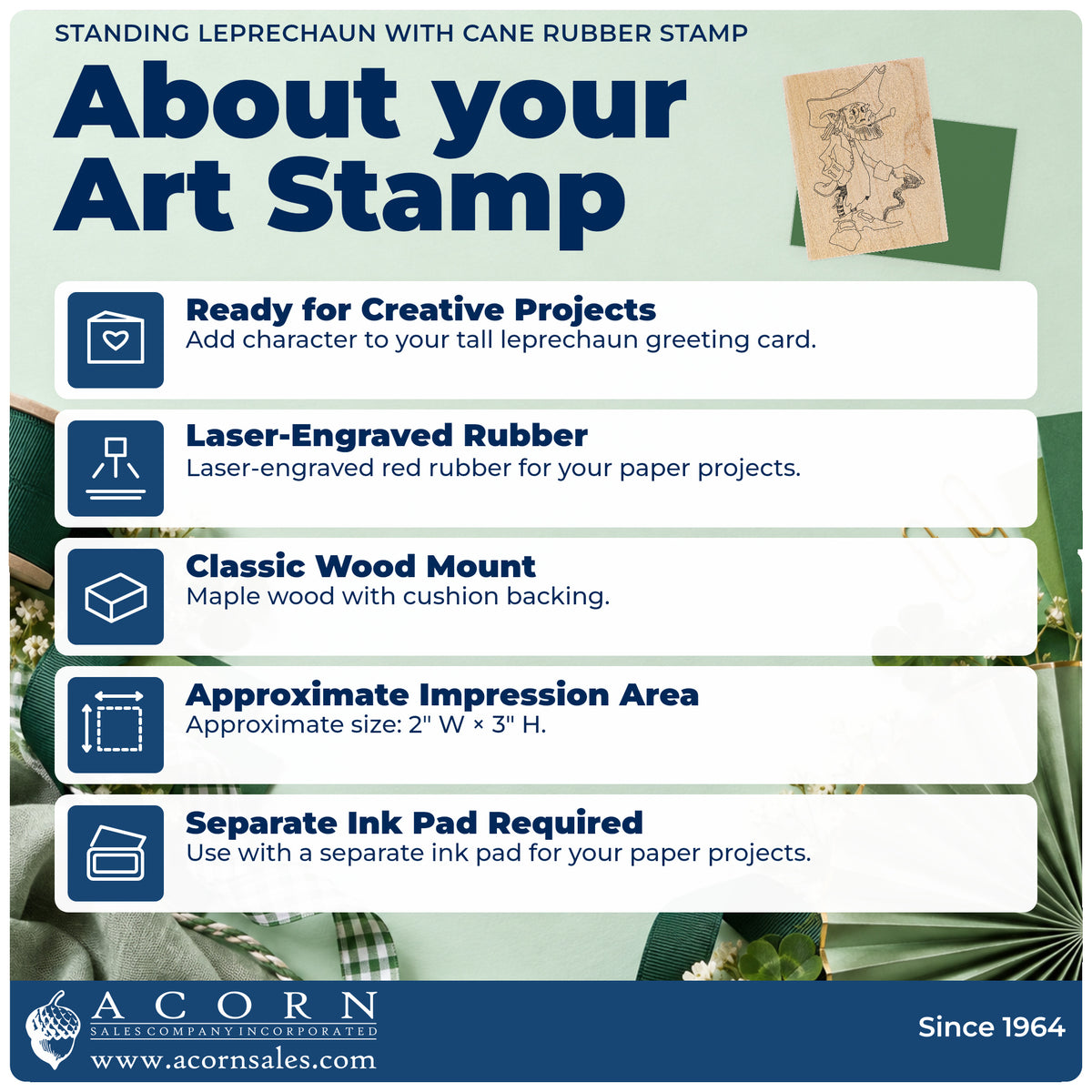 Standing Leprechaun with Cane Rubber Stamp feature guide covering the wood mount, rubber construction, approximate size and separate ink pad.