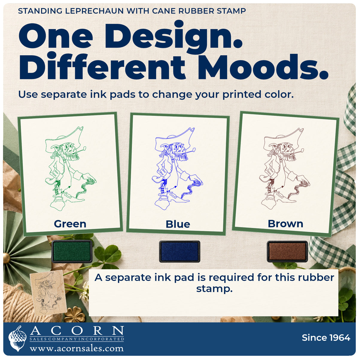 Standing Leprechaun with Cane Rubber Stamp ink-color infographic comparing three single-color impressions and a separate ink pad.