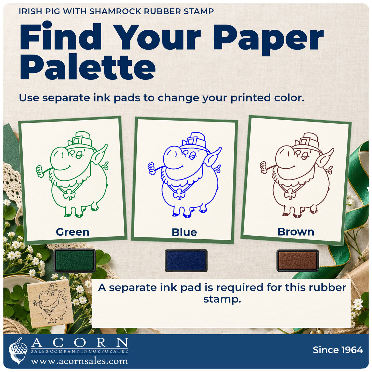 Irish Pig with Shamrock Rubber Stamp ink-color infographic comparing three single-color impressions and a separate ink pad.