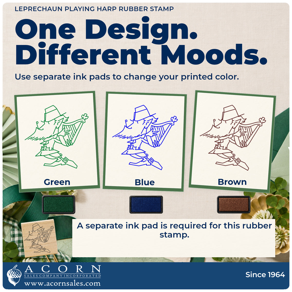 Leprechaun Playing Harp Rubber Stamp ink-color infographic comparing three single-color impressions and a separate ink pad.