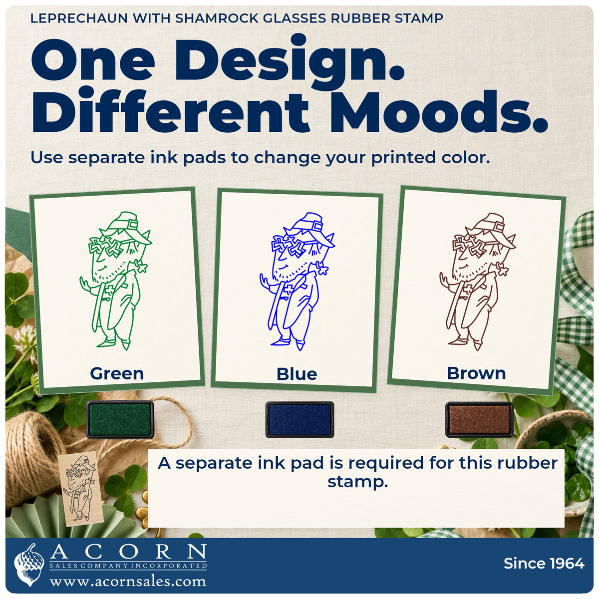 Leprechaun with Shamrock Glasses Rubber Stamp ink-color infographic comparing three single-color impressions and a separate ink pad.