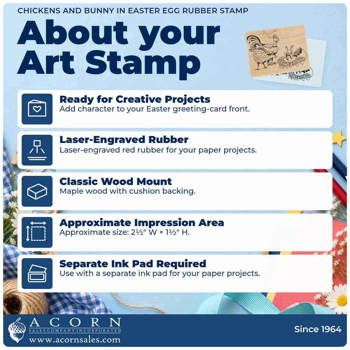 Chickens and Bunny in Easter Egg Rubber Stamp feature guide covering the wood mount, rubber construction, approximate size and separate ink pad.