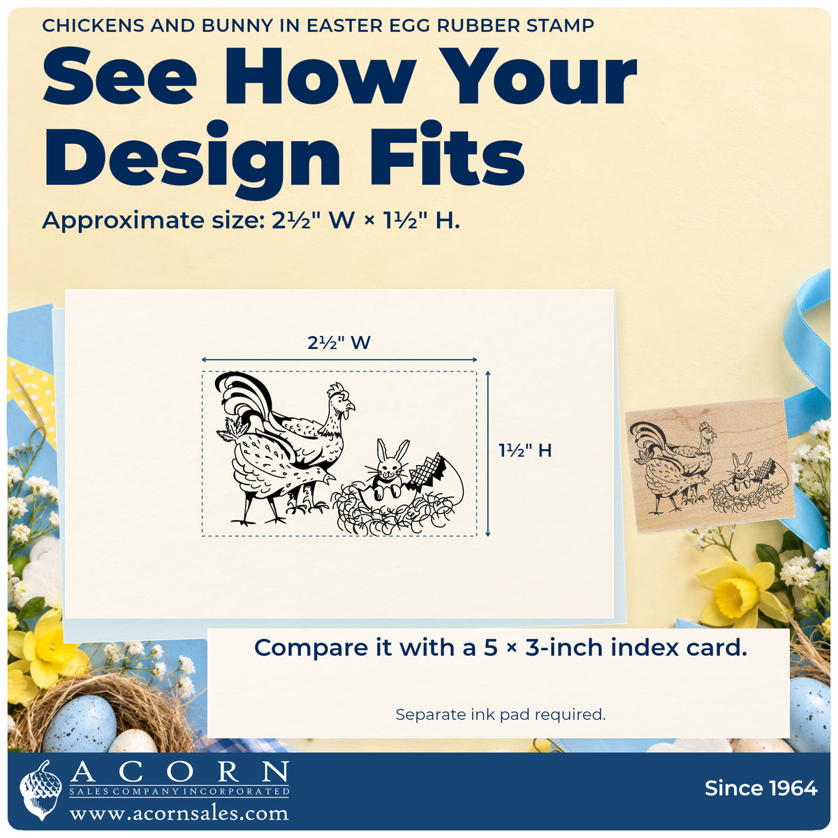 Chickens and Bunny in Easter Egg Rubber Stamp impression-size guide showing the design on a paper reference with dimension labels.
