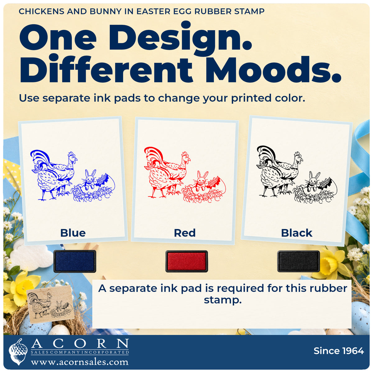 Chickens and Bunny in Easter Egg Rubber Stamp ink-color infographic comparing three single-color impressions and a separate ink pad.