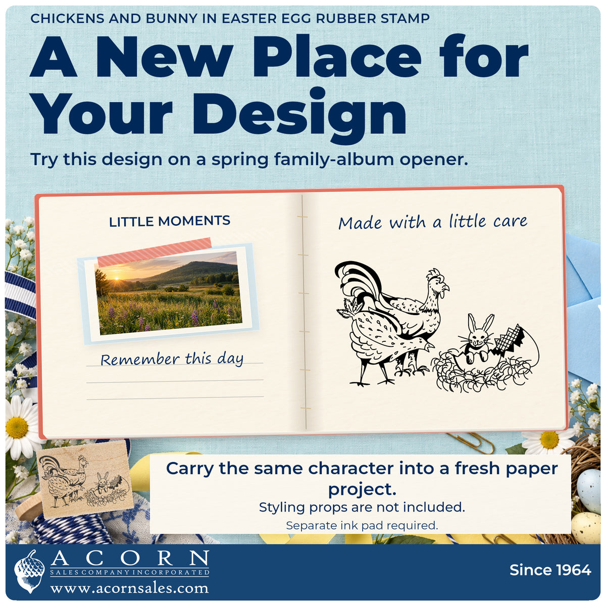 Chickens and Bunny in Easter Egg Rubber Stamp project inspiration: spring family album opener.