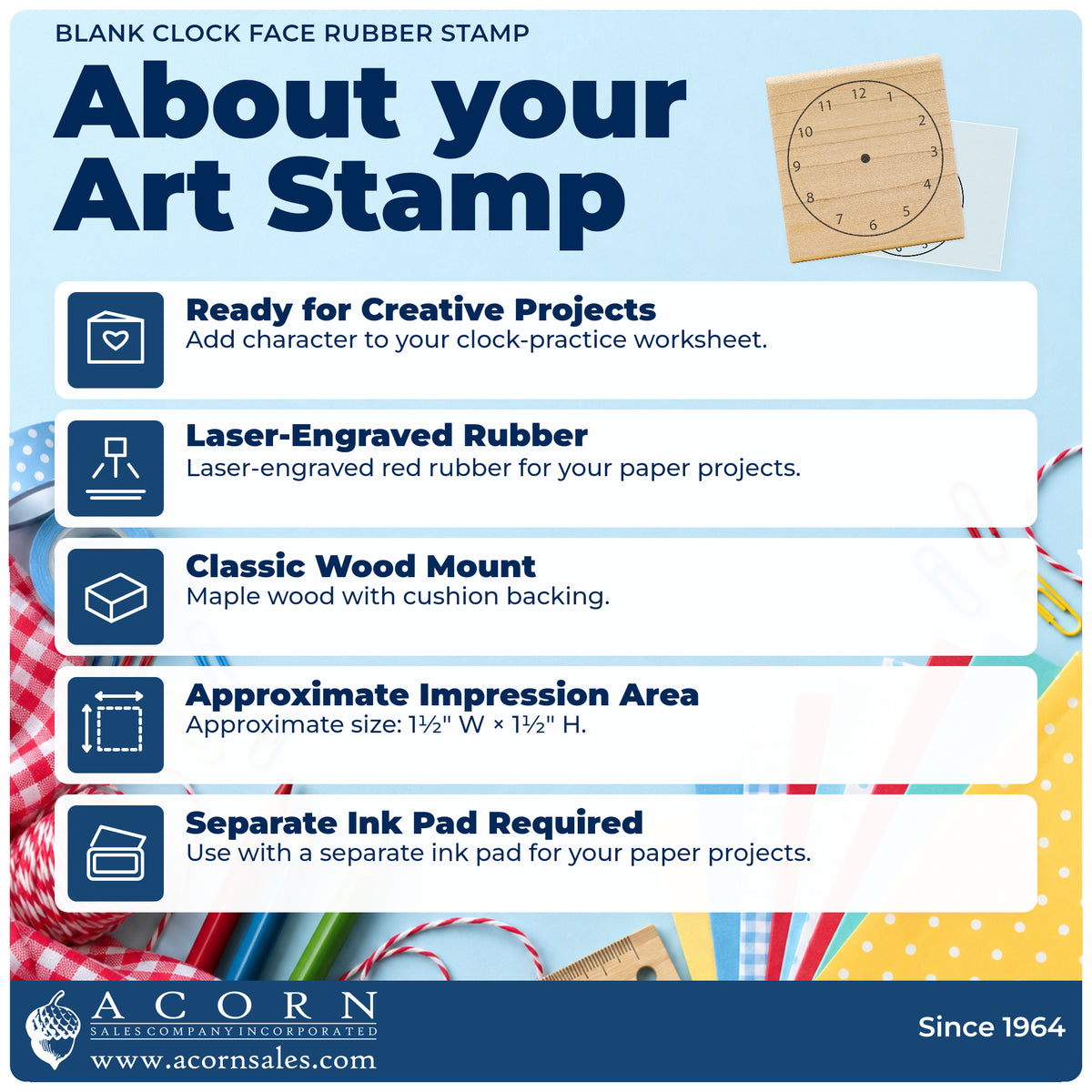 Blank Clock Face Rubber Stamp feature guide covering the wood mount, rubber construction, approximate size and separate ink pad.