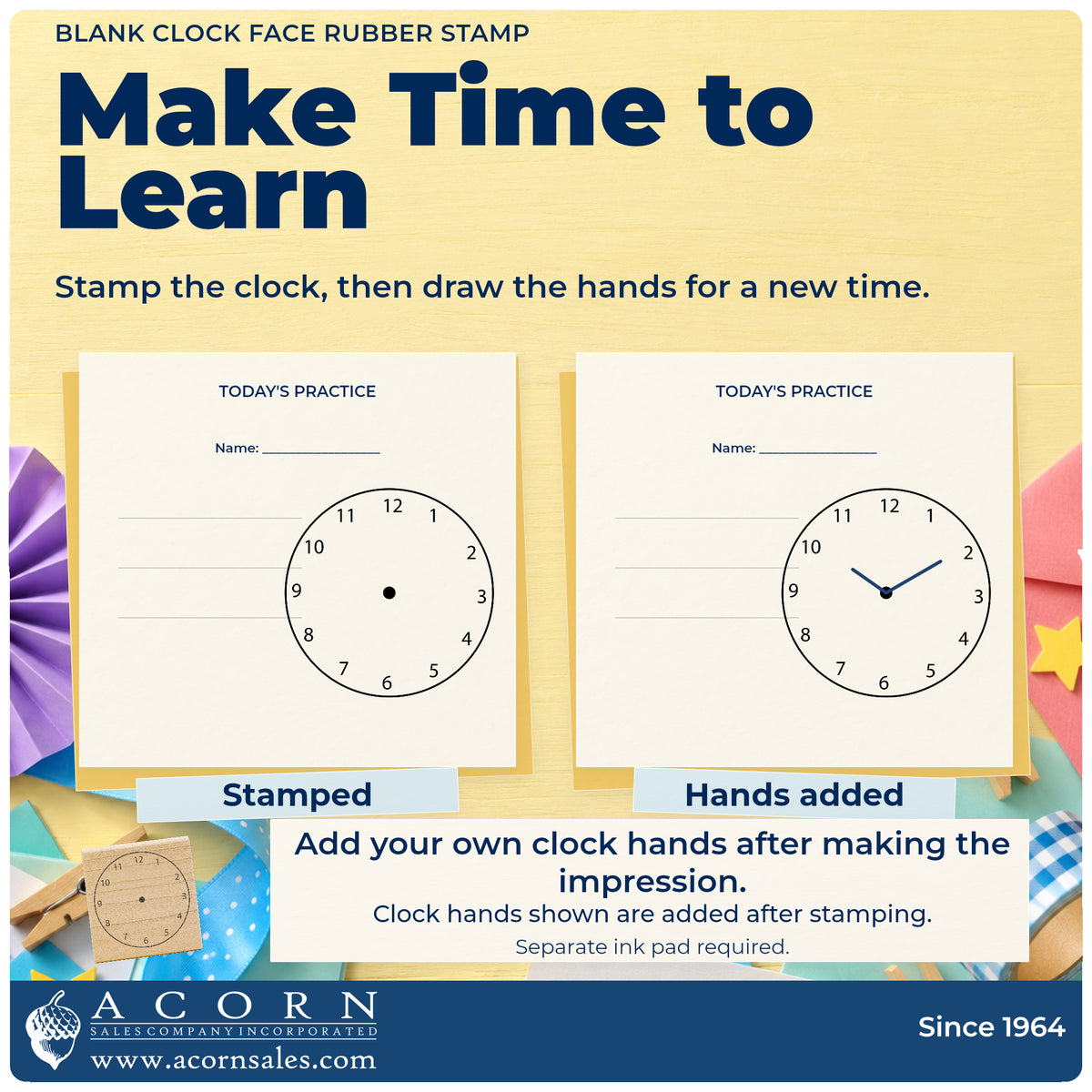 Blank Clock Face Rubber Stamp learning-activity infographic showing the stamped design in an educational paper project.