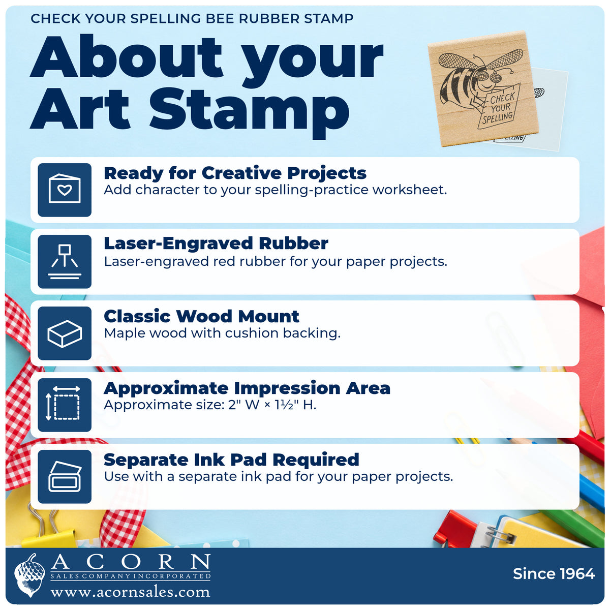 Check Your Spelling Bee Rubber Stamp feature guide covering the wood mount, rubber construction, approximate size and separate ink pad.
