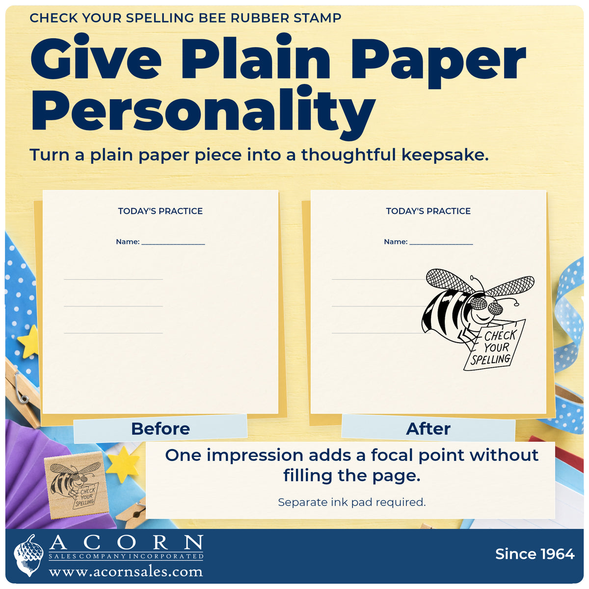 Check Your Spelling Bee Rubber Stamp before-and-after infographic comparing plain paper with the stamped project.