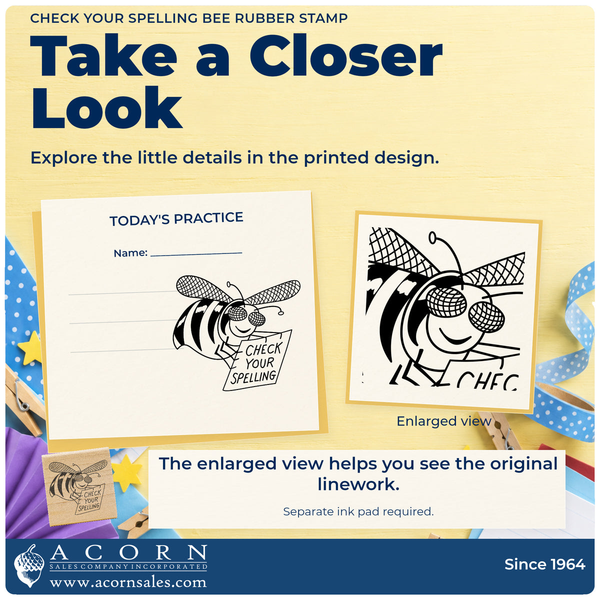 Check Your Spelling Bee Rubber Stamp detail infographic with an enlarged view of the printed design.