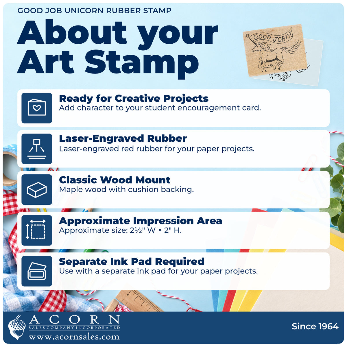 Good Job Unicorn Rubber Stamp feature guide covering the wood mount, rubber construction, approximate size and separate ink pad.