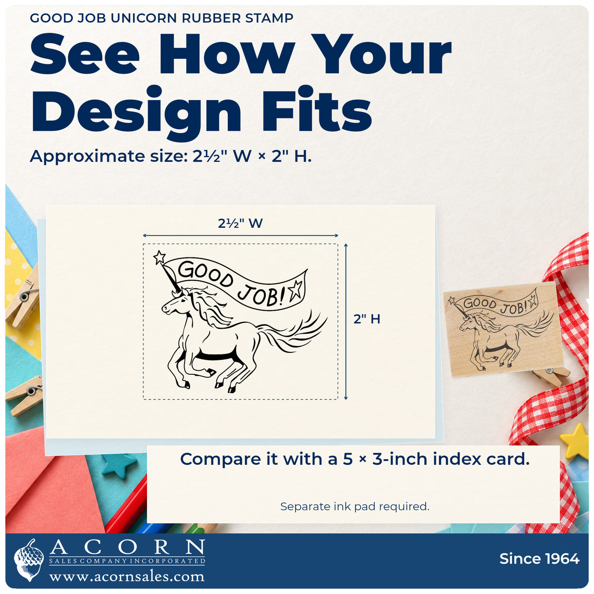 Good Job Unicorn Rubber Stamp impression-size guide showing the design on a paper reference with dimension labels.