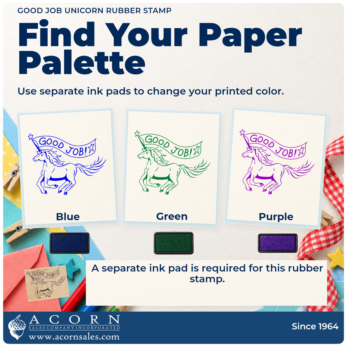 Good Job Unicorn Rubber Stamp ink-color infographic comparing three single-color impressions and a separate ink pad.