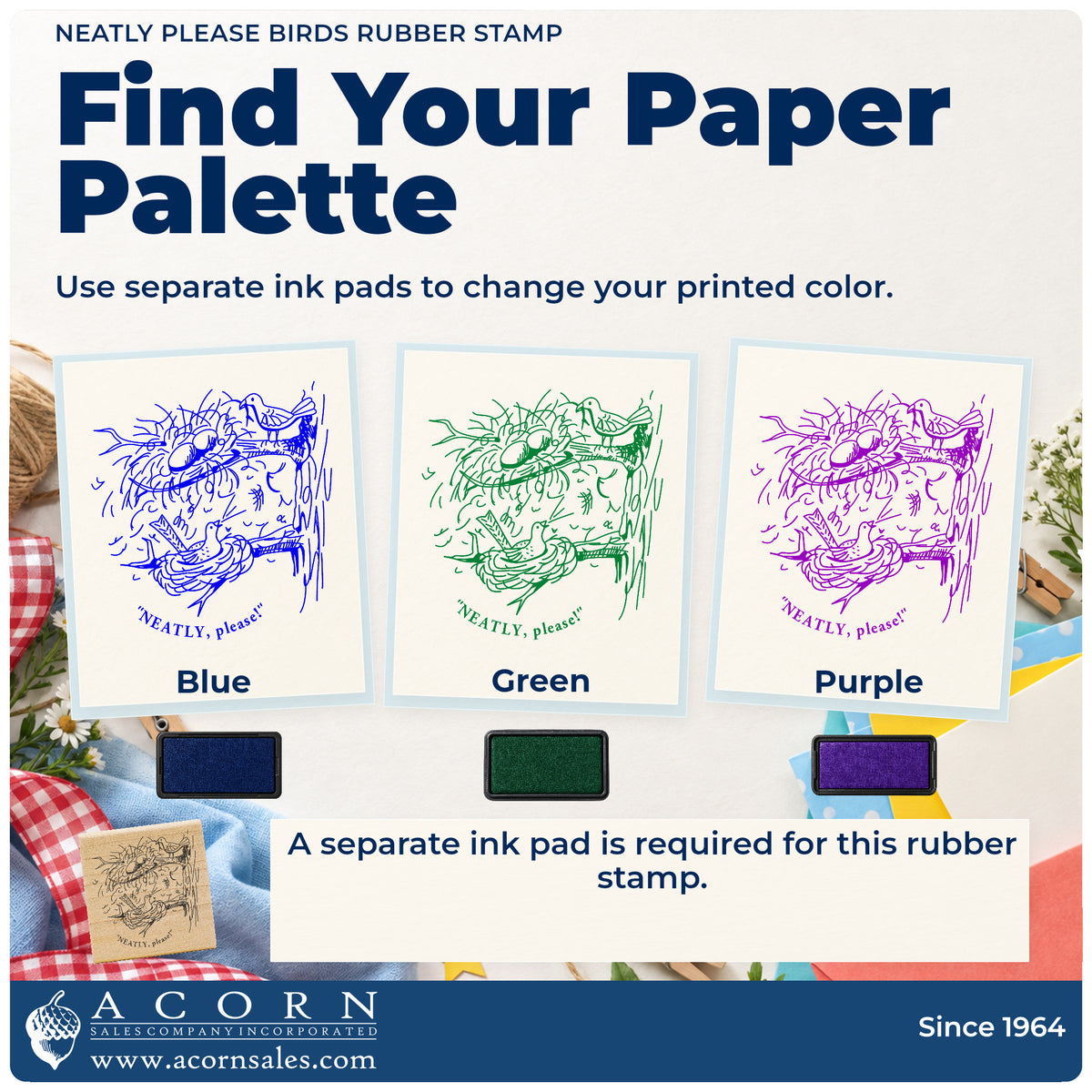 Neatly Please Birds Rubber Stamp ink-color infographic comparing three single-color impressions and a separate ink pad.