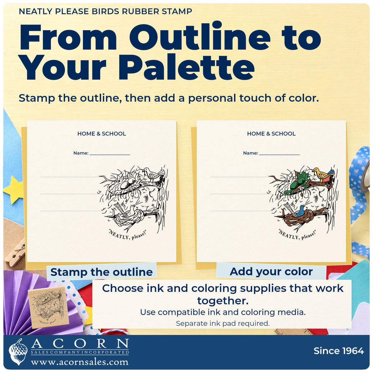 Neatly Please Birds Rubber Stamp stamp-and-color guide comparing an outline impression with a colored example.
