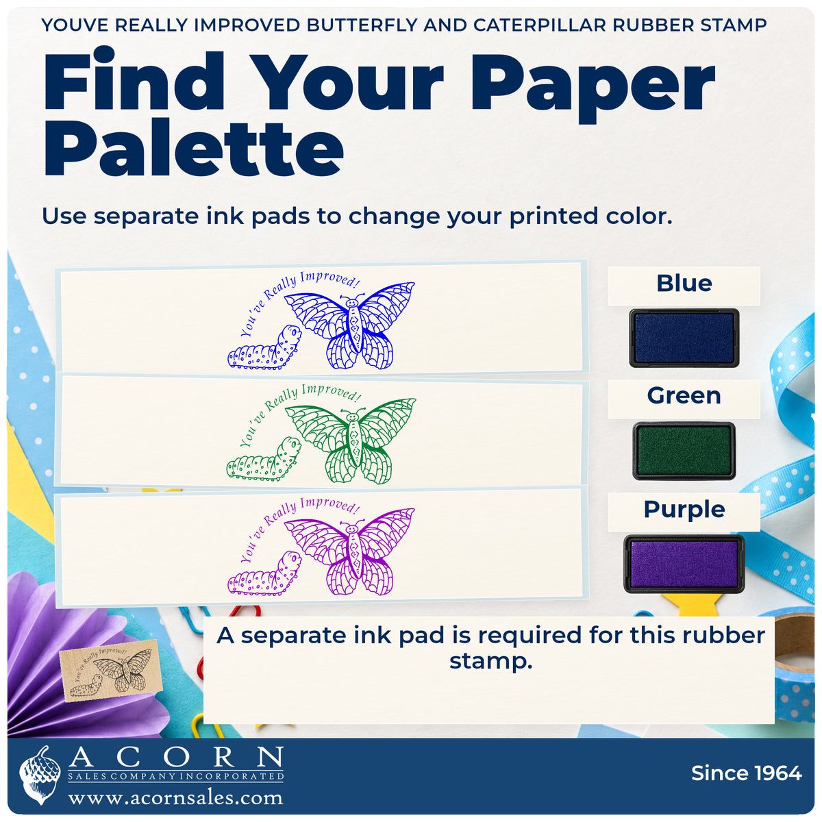 Youve Really Improved Butterfly and Caterpillar Rubber Stamp ink-color infographic comparing three single-color impressions and a separate ink pad.