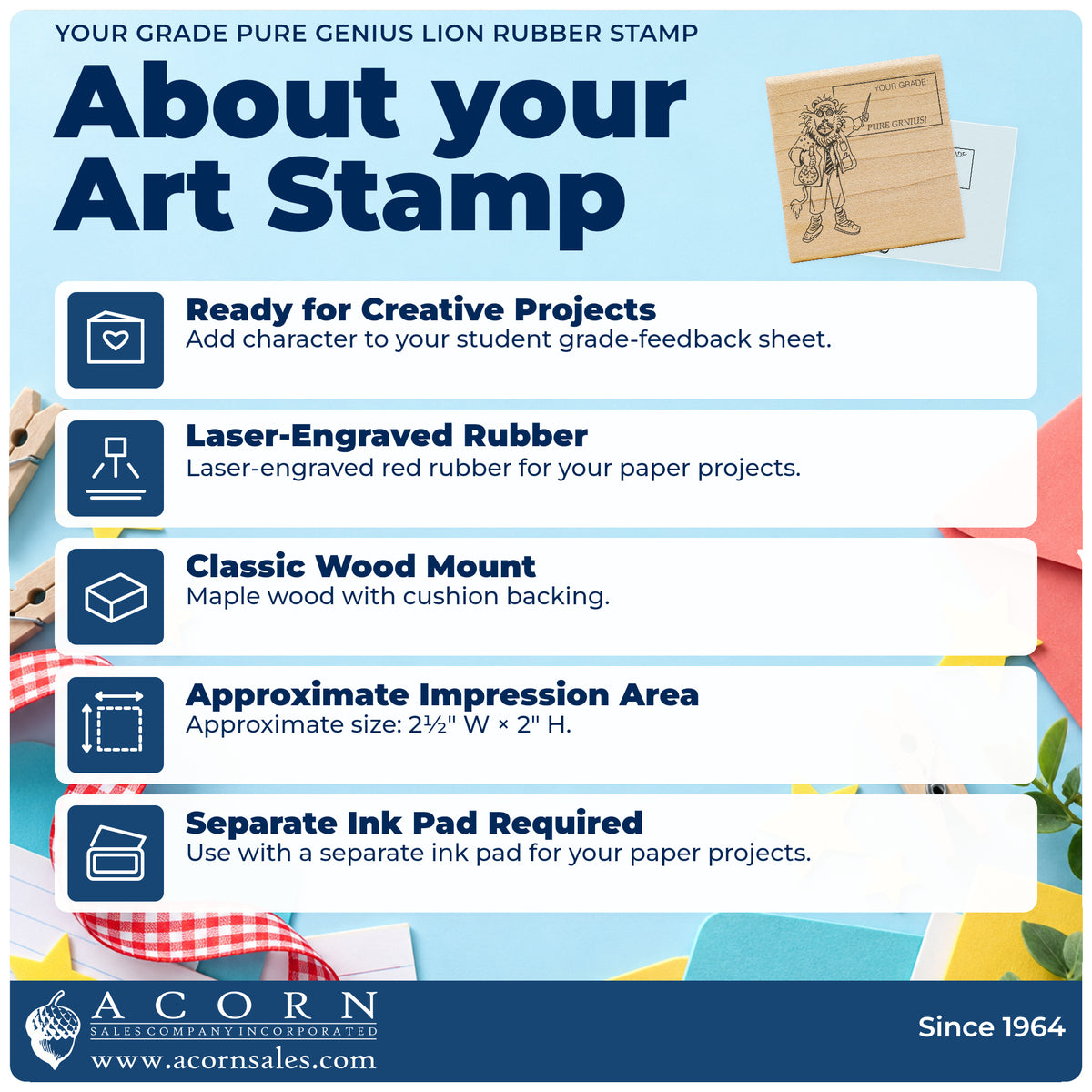 Your Grade Pure Genius Lion Rubber Stamp feature guide covering the wood mount, rubber construction, approximate size and separate ink pad.