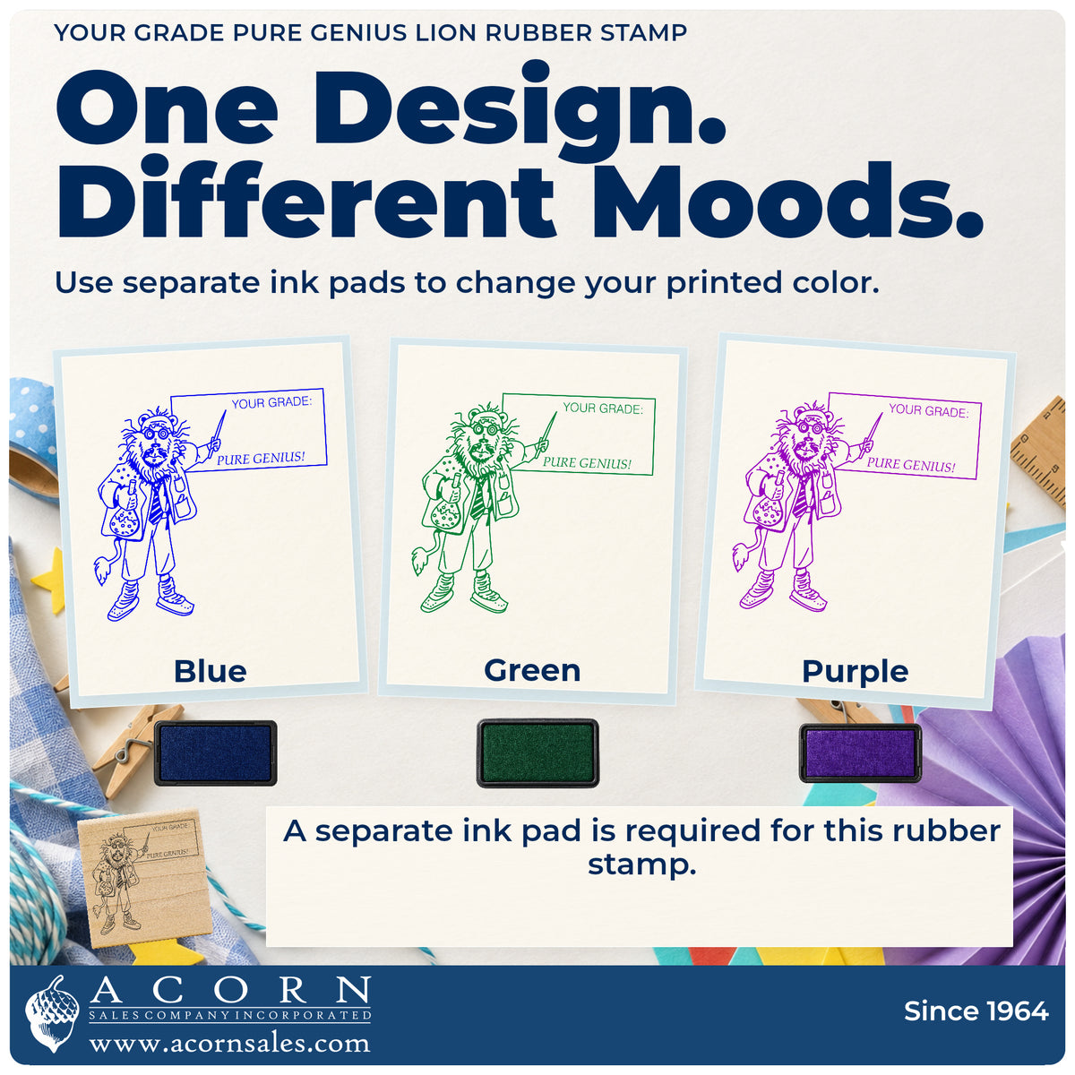 Your Grade Pure Genius Lion Rubber Stamp ink-color infographic comparing three single-color impressions and a separate ink pad.