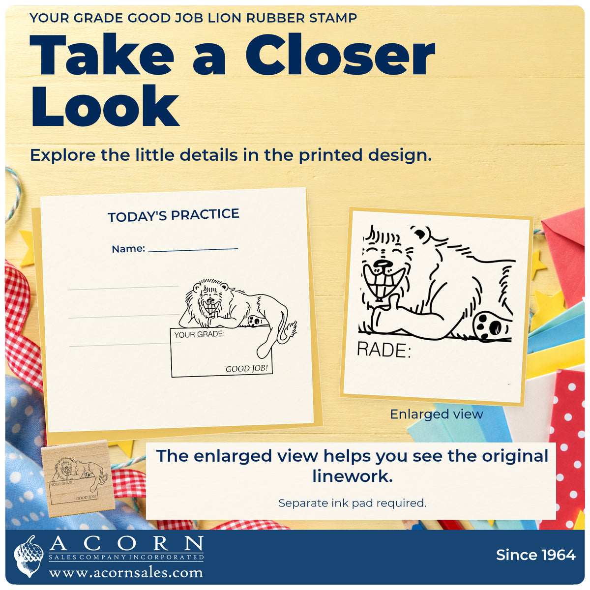 Your Grade Good Job Lion Rubber Stamp detail infographic with an enlarged view of the printed design.