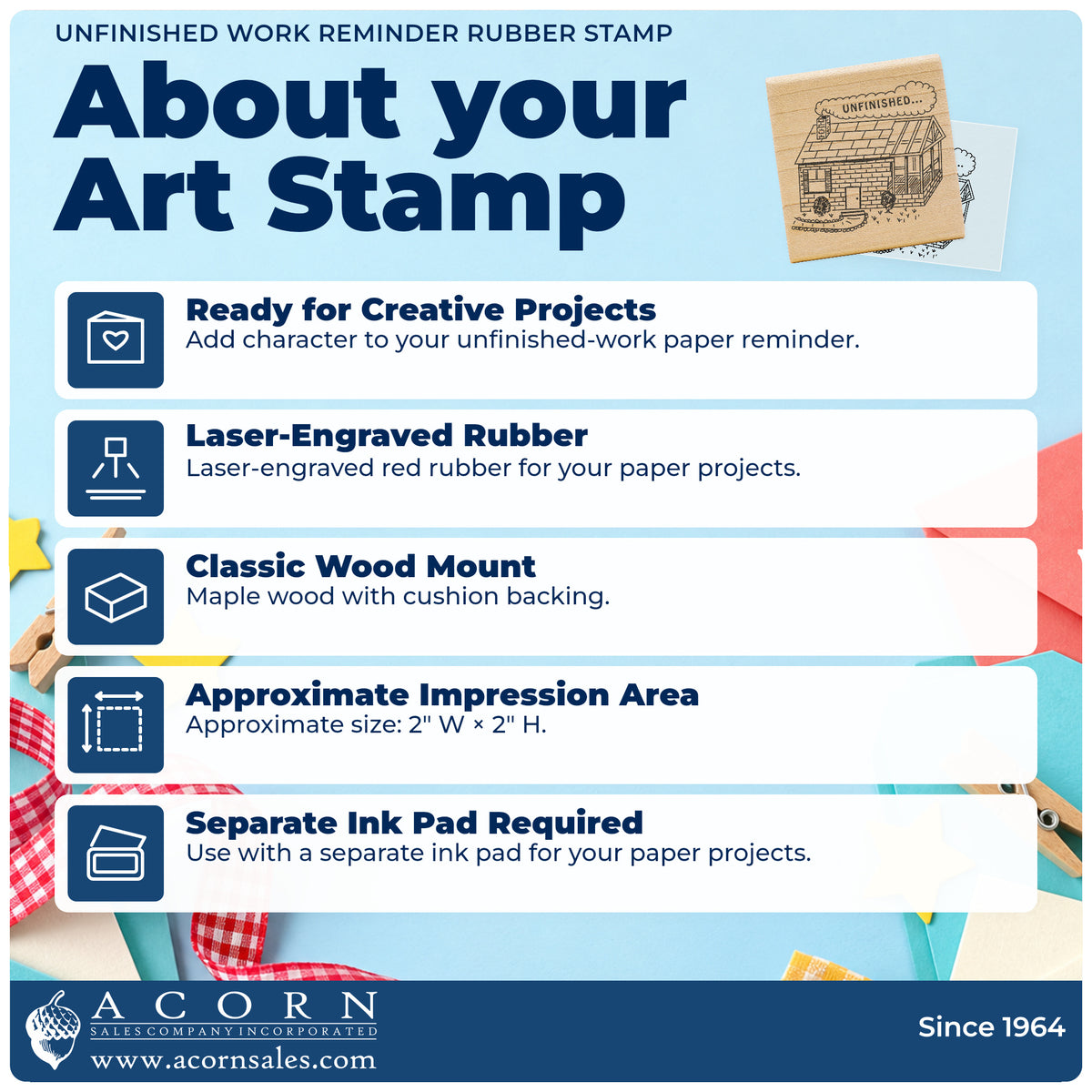 Unfinished Work Reminder Rubber Stamp feature guide covering the wood mount, rubber construction, approximate size and separate ink pad.