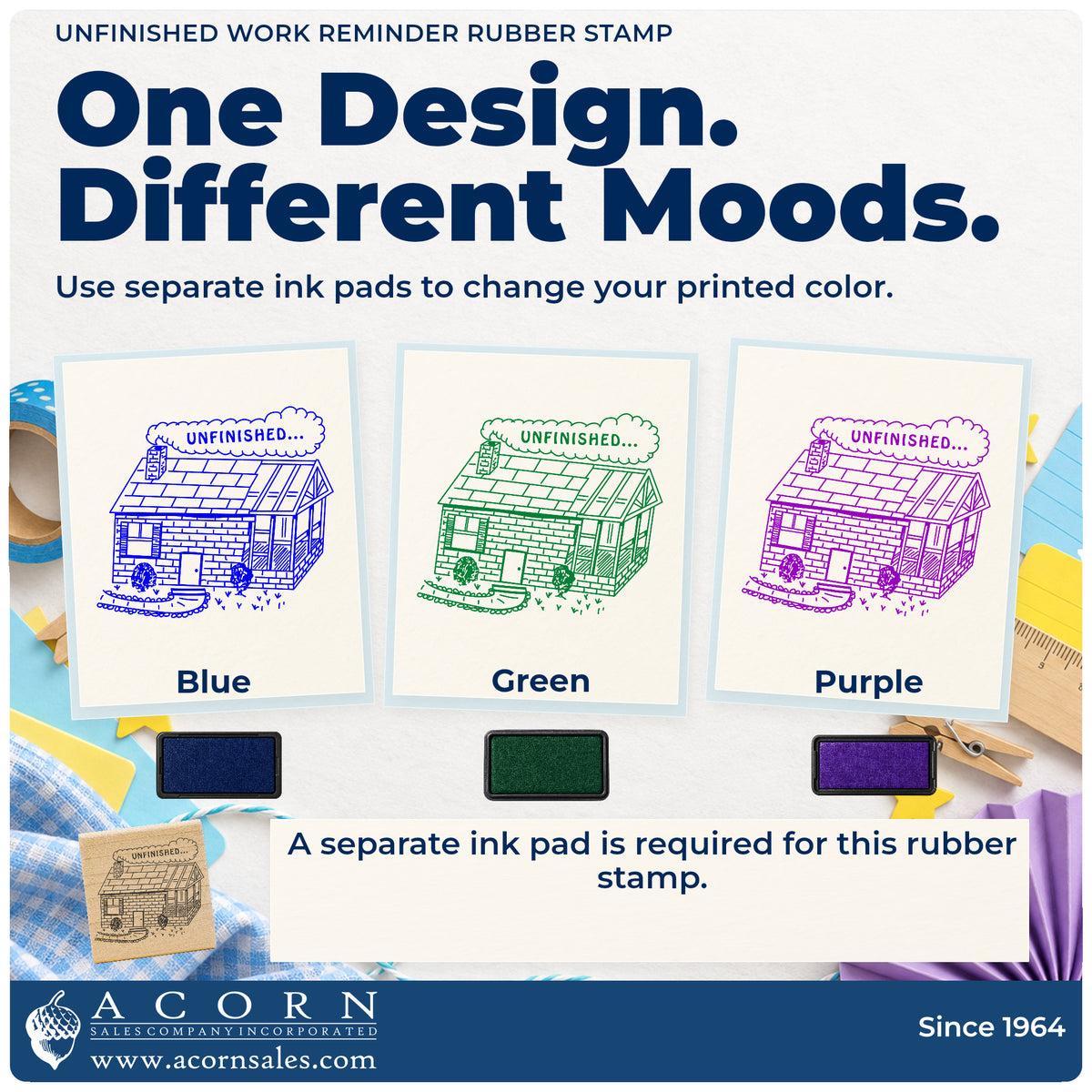 Unfinished Work Reminder Rubber Stamp ink-color infographic comparing three single-color impressions and a separate ink pad.