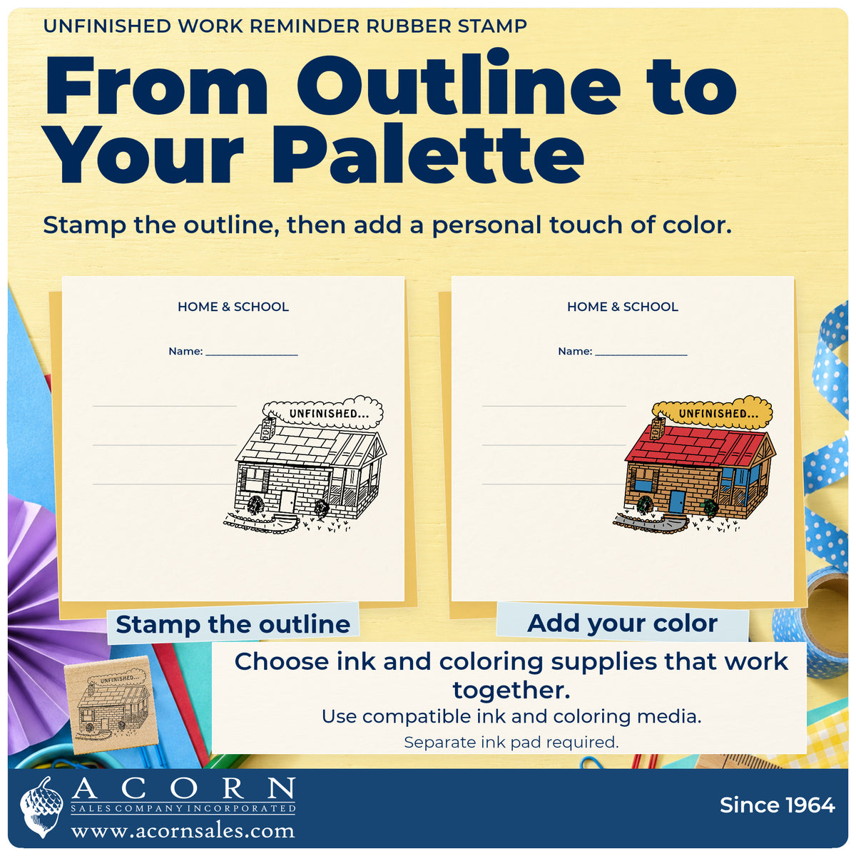 Unfinished Work Reminder Rubber Stamp stamp-and-color guide comparing an outline impression with a colored example.