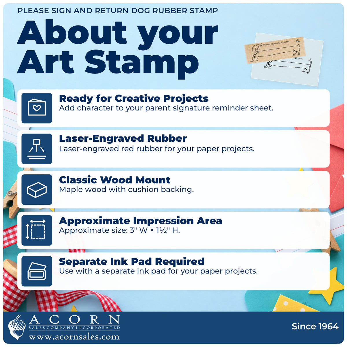 Please Sign and Return Dog Rubber Stamp feature guide covering the wood mount, rubber construction, approximate size and separate ink pad.