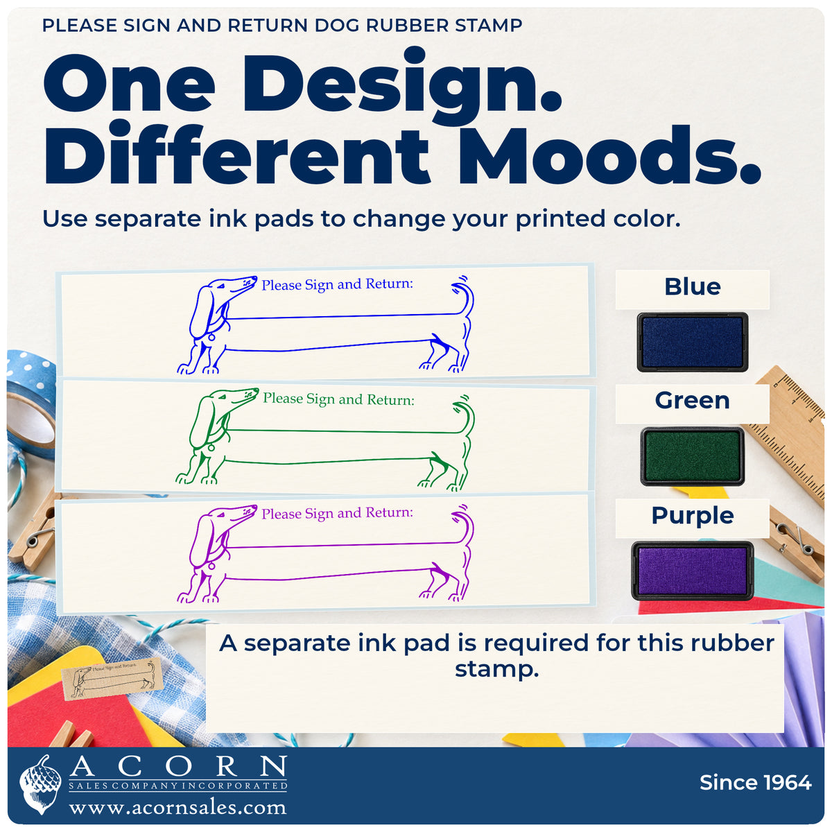 Please Sign and Return Dog Rubber Stamp ink-color infographic comparing three single-color impressions and a separate ink pad.