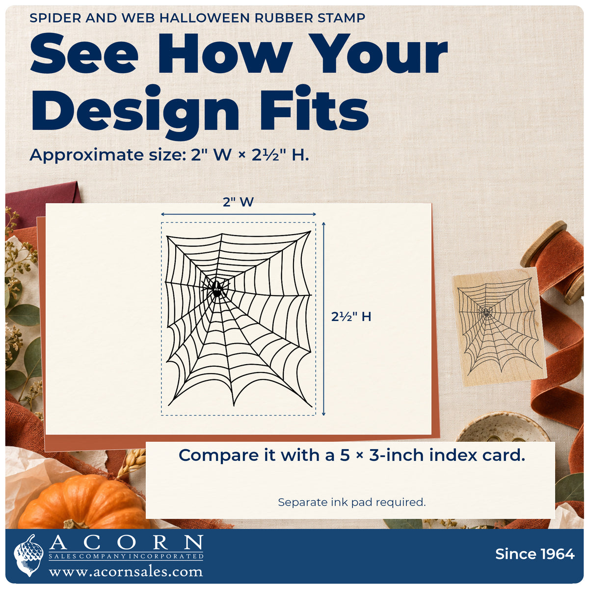 Spider and Web Halloween Rubber Stamp impression-size guide showing the design on a paper reference with dimension labels.