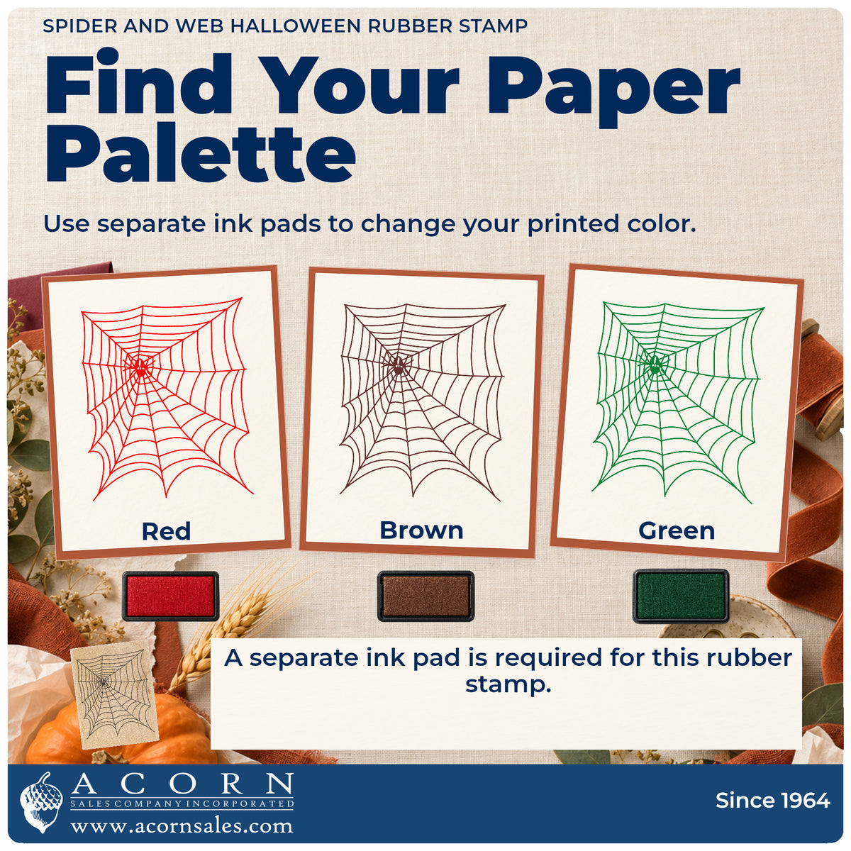 Spider and Web Halloween Rubber Stamp ink-color infographic comparing three single-color impressions and a separate ink pad.