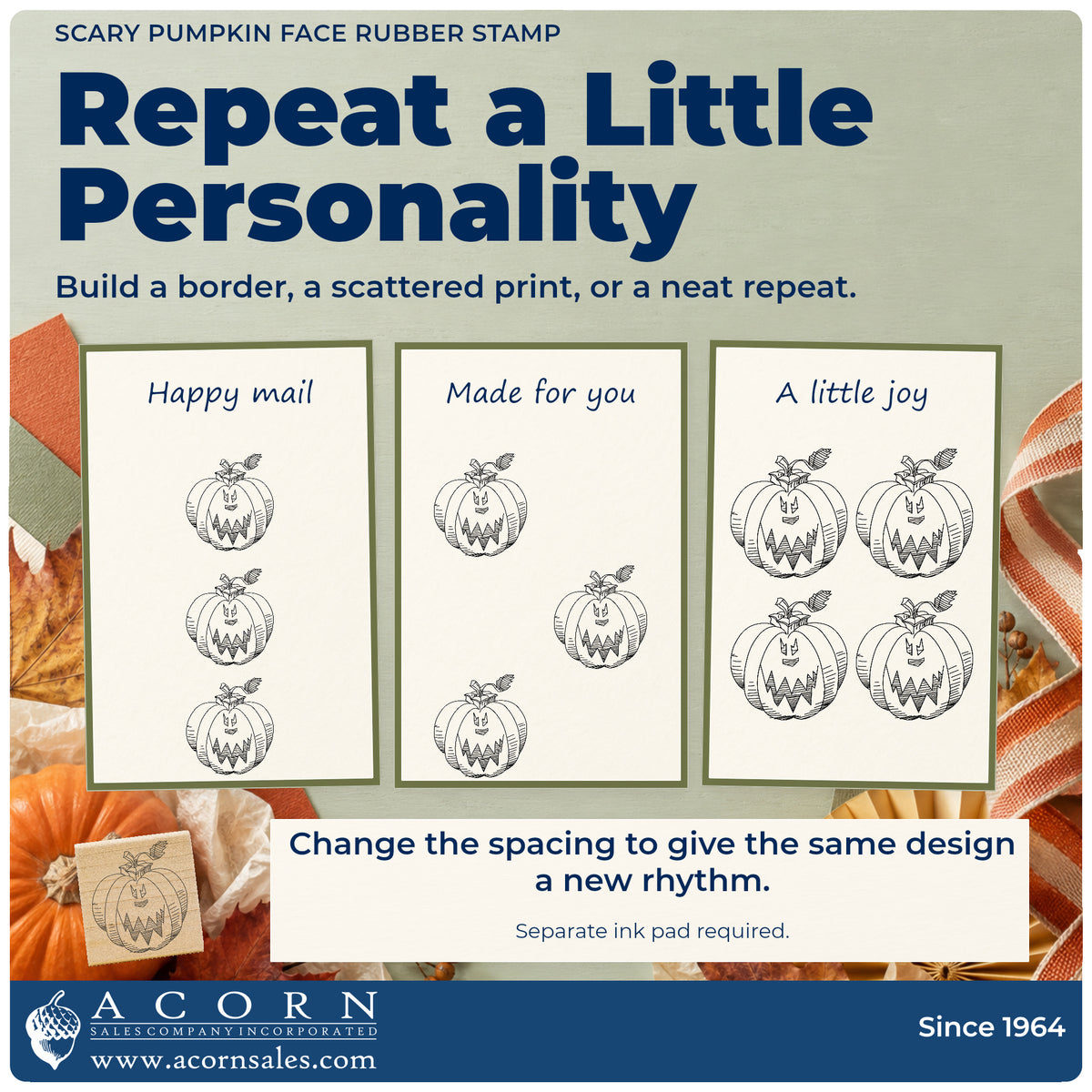Scary Pumpkin Face Rubber Stamp pattern guide showing repeated impressions in borders, scattered prints and a grid.