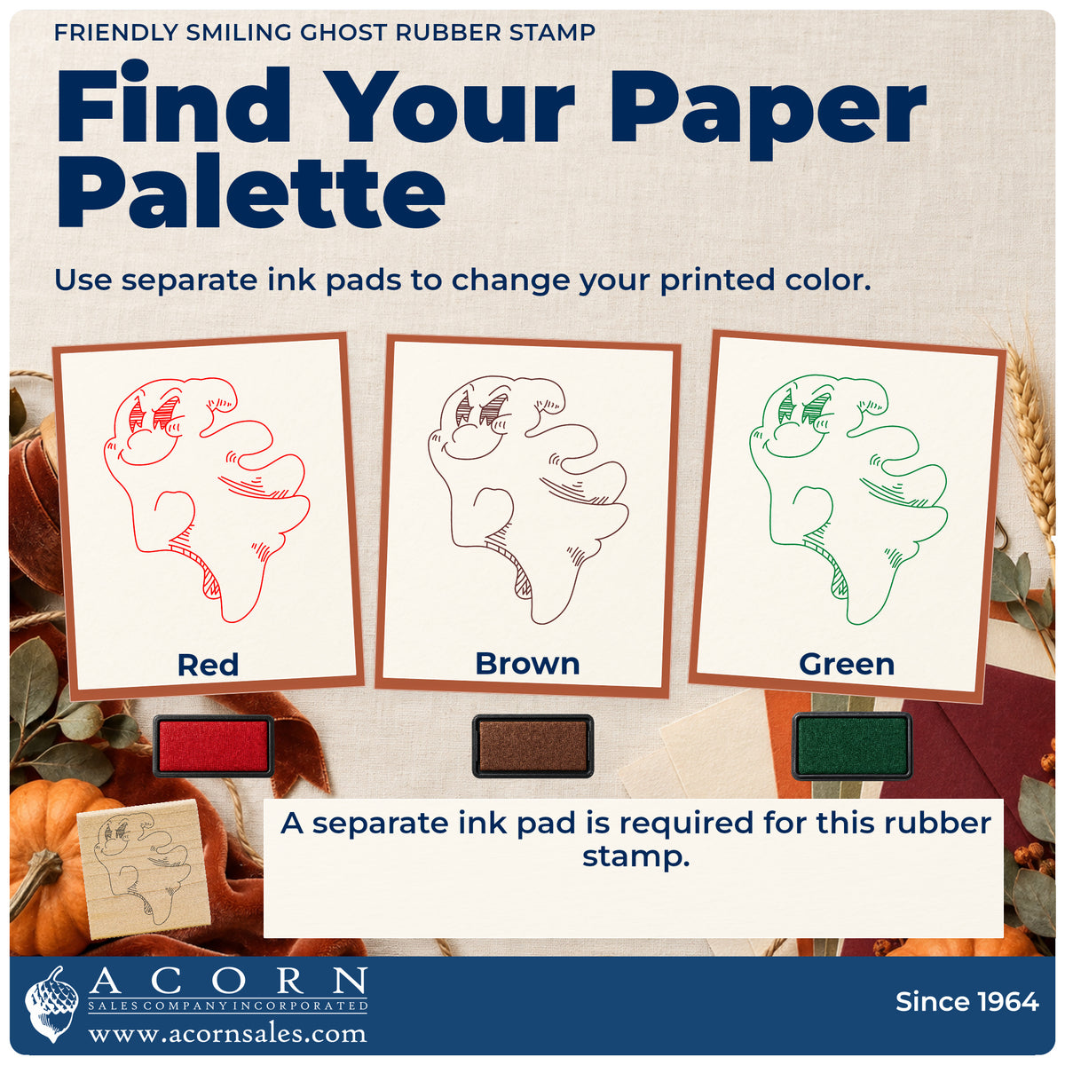 Friendly Smiling Ghost Rubber Stamp ink-color infographic comparing three single-color impressions and a separate ink pad.