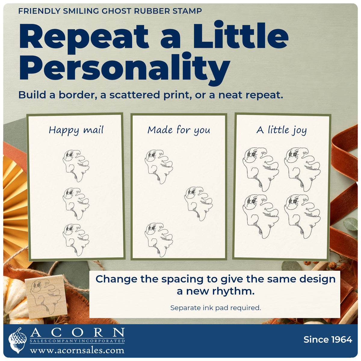 Friendly Smiling Ghost Rubber Stamp pattern guide showing repeated impressions in borders, scattered prints and a grid.