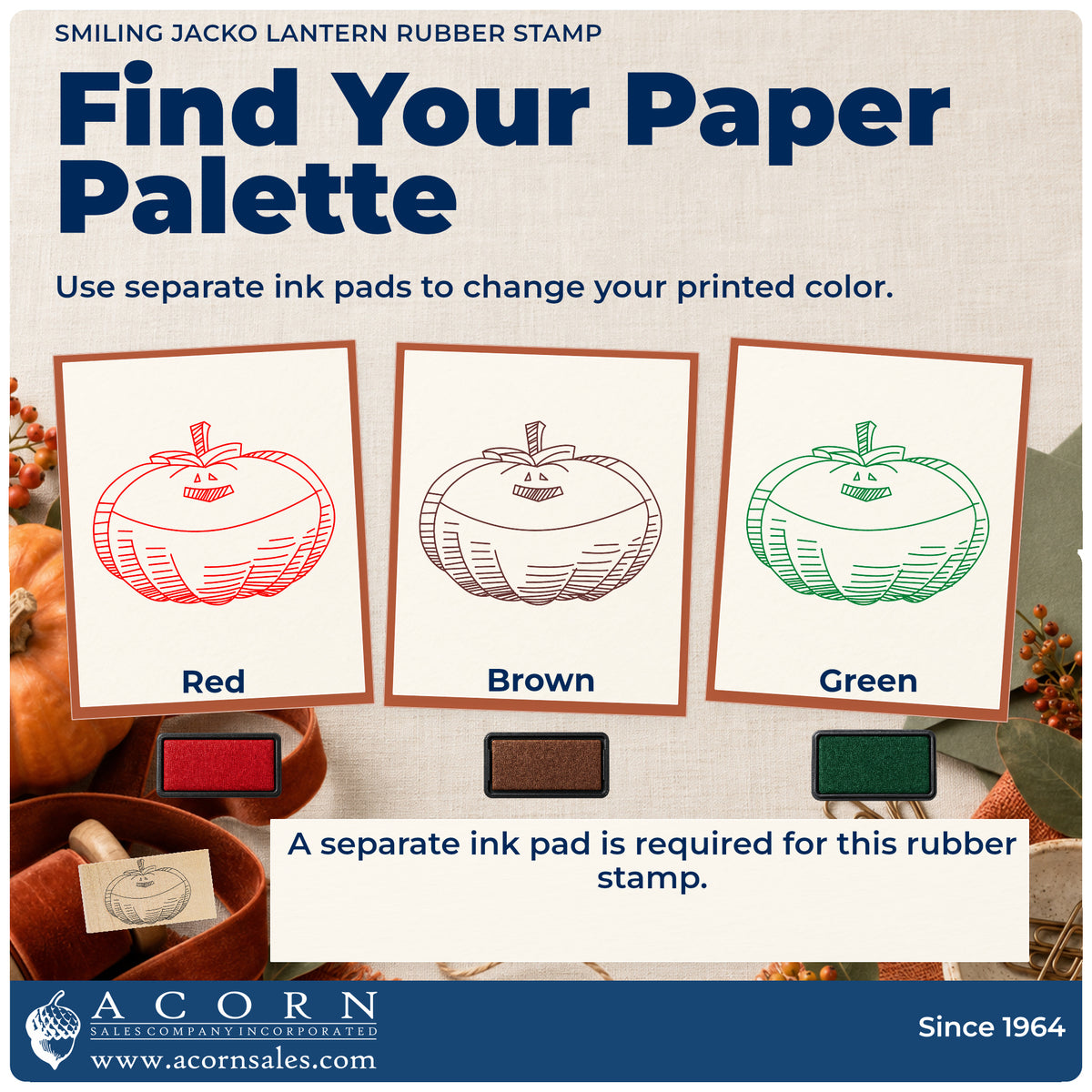 Smiling Jacko Lantern Rubber Stamp ink-color infographic comparing three single-color impressions and a separate ink pad.