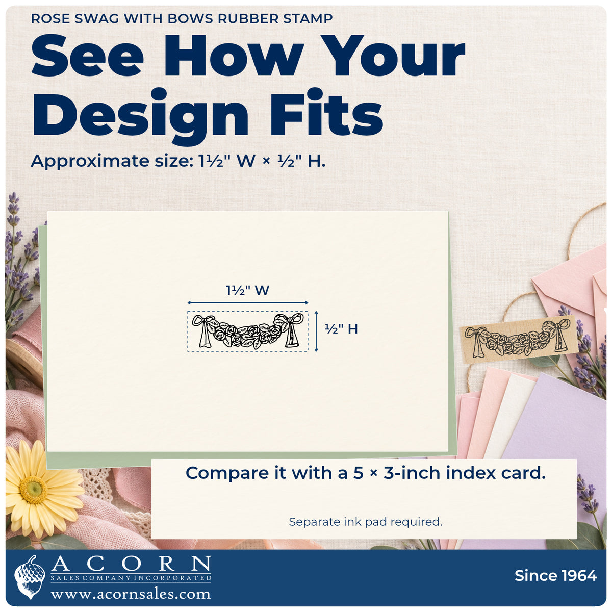 Rose Swag with Bows Rubber Stamp impression-size guide showing the design on a paper reference with dimension labels.
