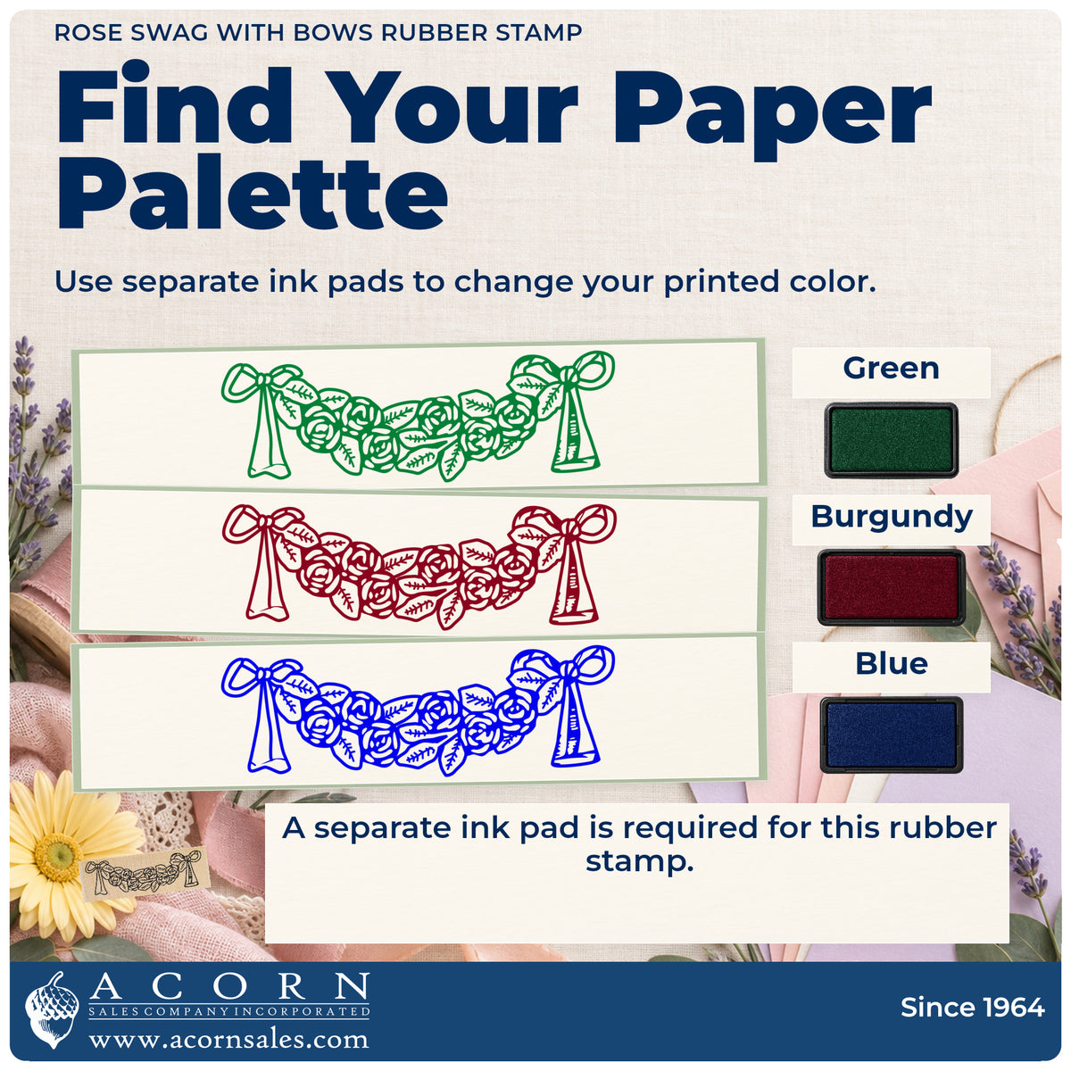Rose Swag with Bows Rubber Stamp ink-color infographic comparing three single-color impressions and a separate ink pad.