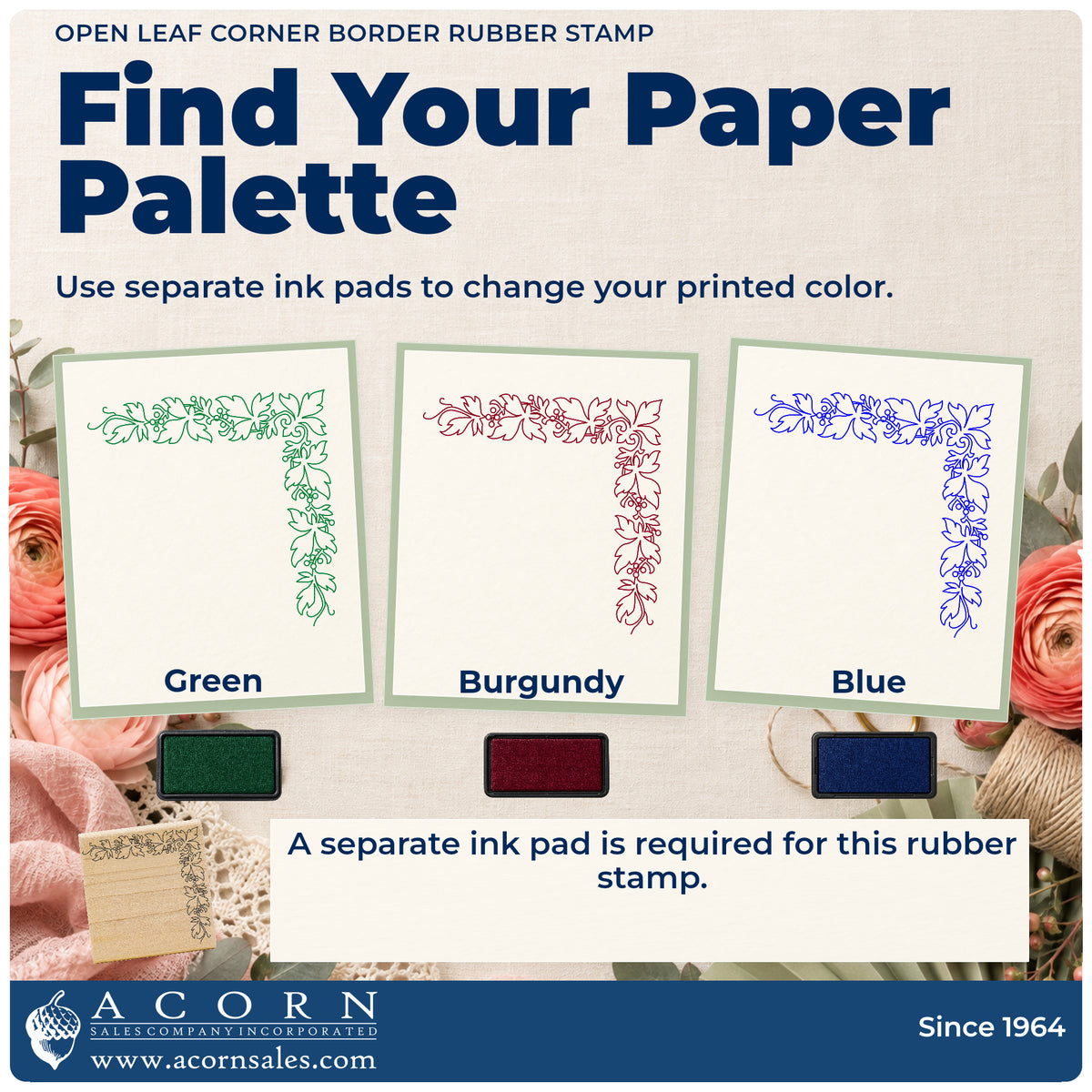 Open Leaf Corner Border Rubber Stamp ink-color infographic comparing three single-color impressions and a separate ink pad.