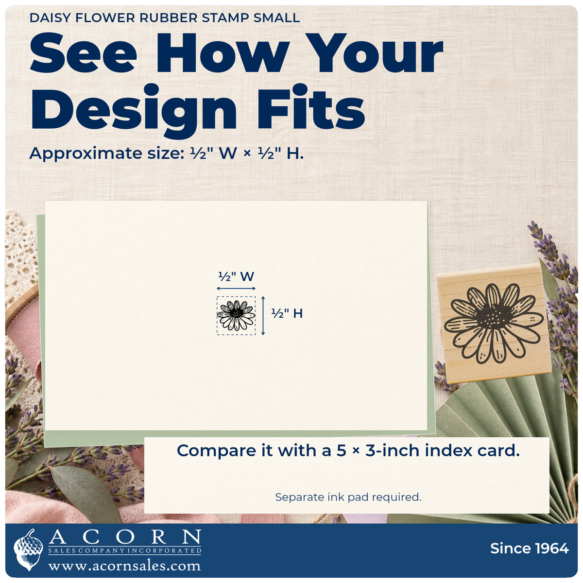 Daisy Flower Rubber Stamp Small impression-size guide showing the design on a paper reference with dimension labels.