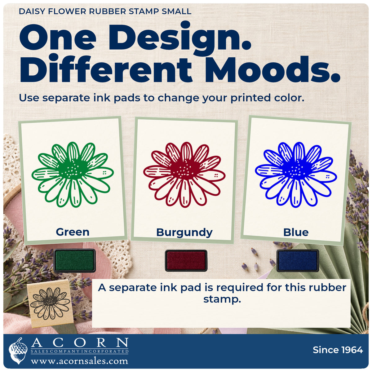 Daisy Flower Rubber Stamp Small ink-color infographic comparing three single-color impressions and a separate ink pad.