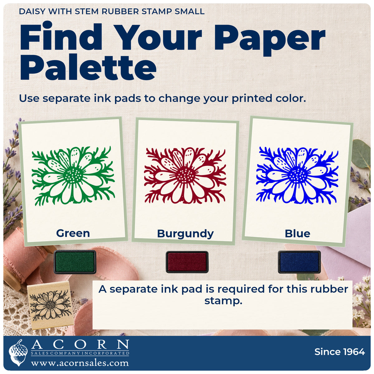Daisy with Stem Rubber Stamp Small ink-color infographic comparing three single-color impressions and a separate ink pad.