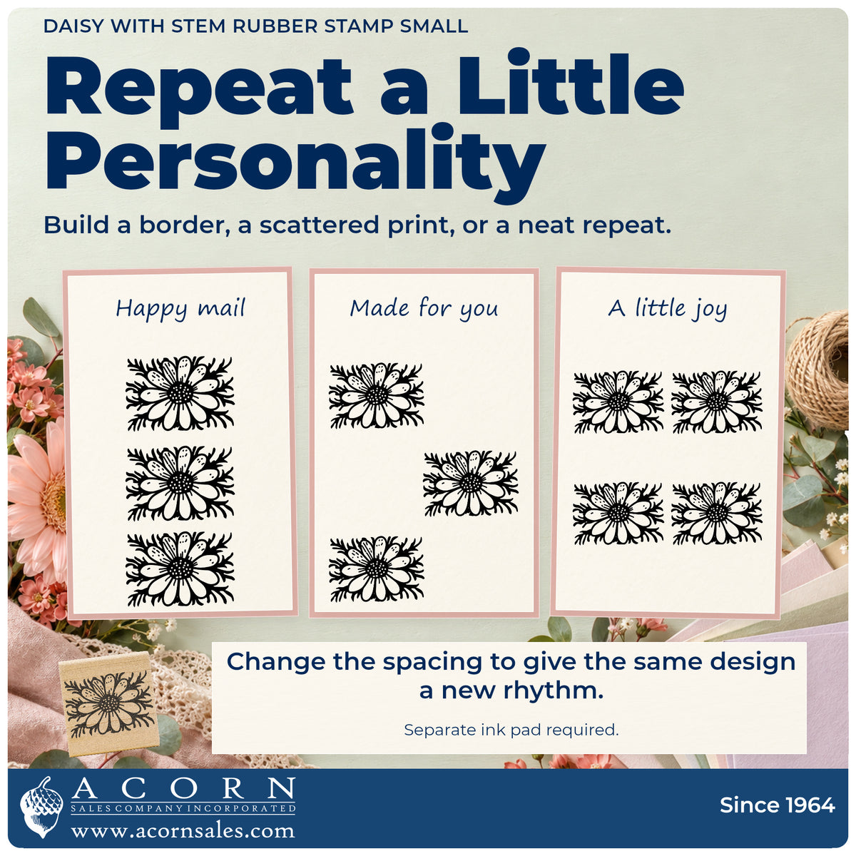 Daisy with Stem Rubber Stamp Small pattern guide showing repeated impressions in borders, scattered prints and a grid.