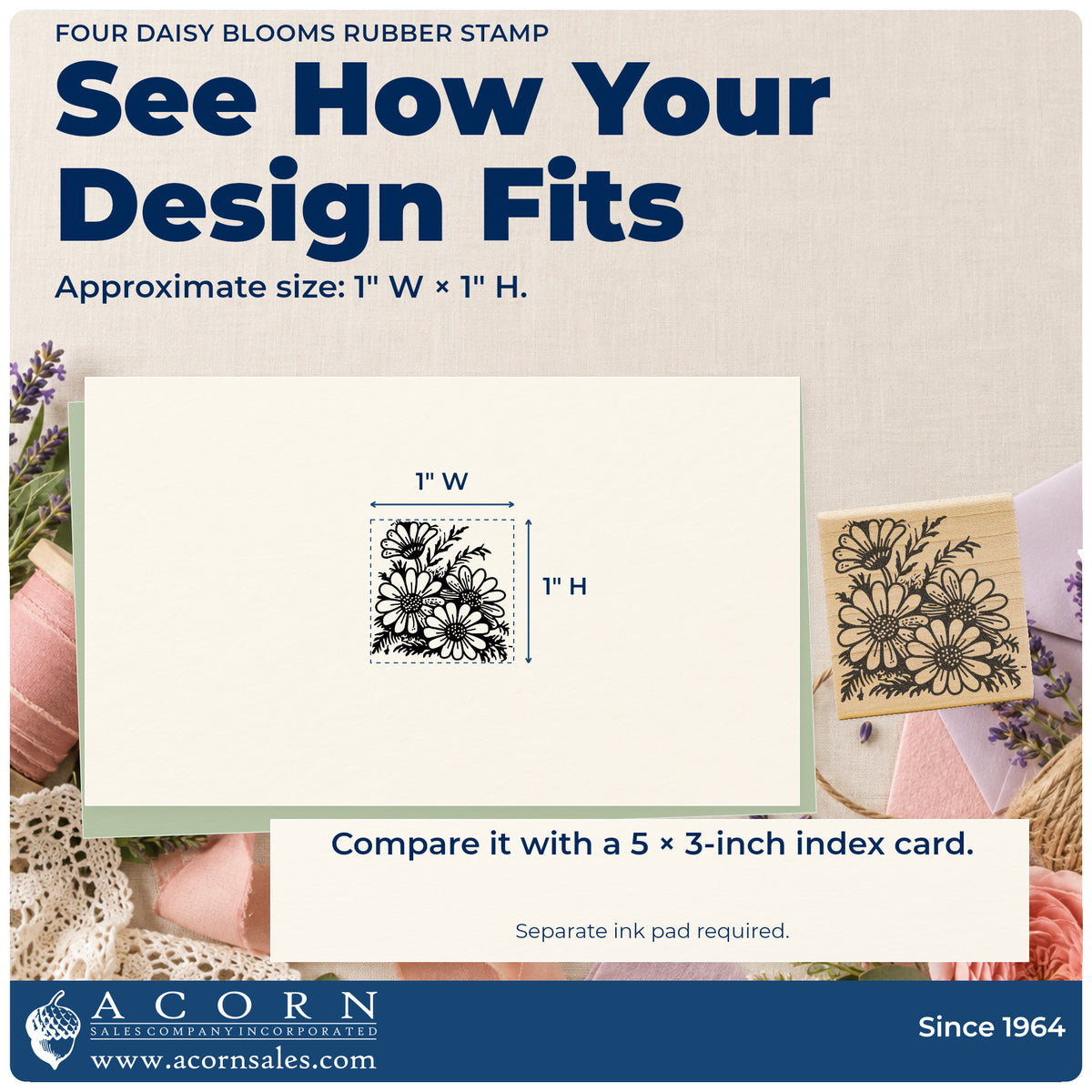 Four Daisy Blooms Rubber Stamp impression-size guide showing the design on a paper reference with dimension labels.