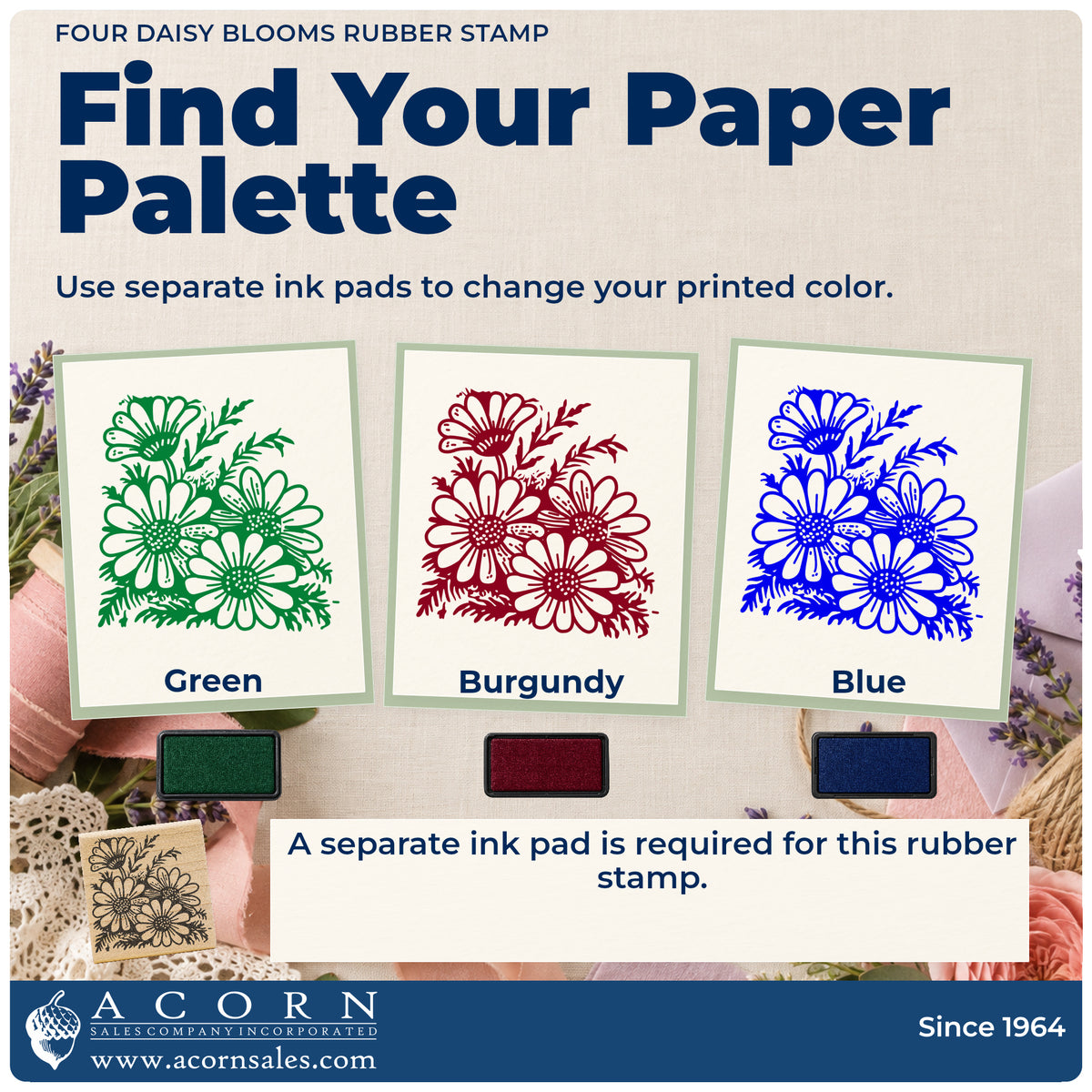 Four Daisy Blooms Rubber Stamp ink-color infographic comparing three single-color impressions and a separate ink pad.