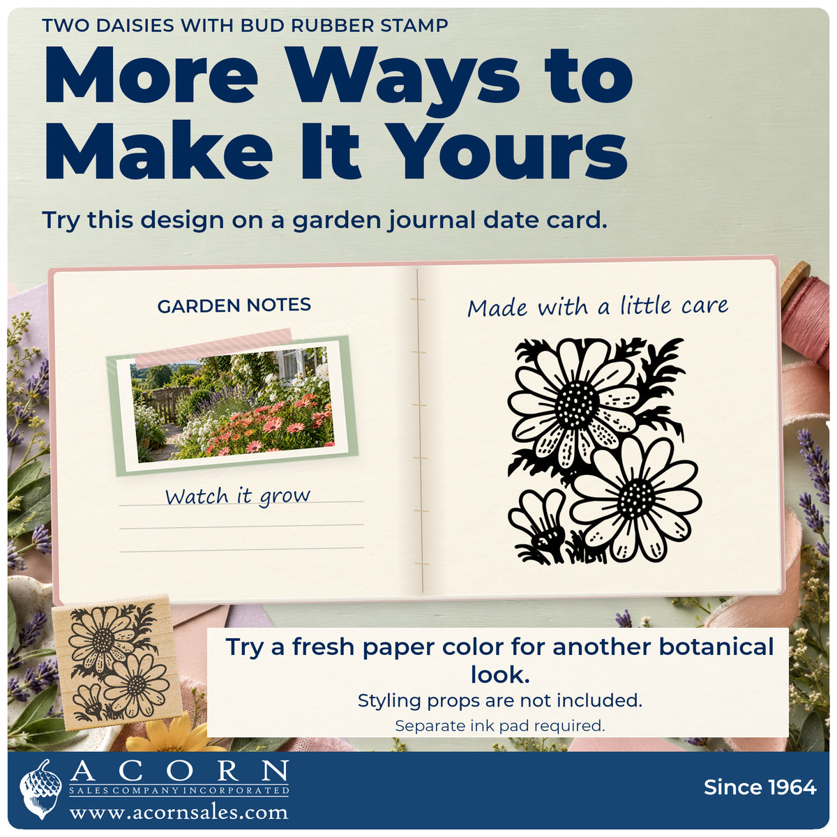 Two Daisies with Bud Rubber Stamp project inspiration: garden journal date card.